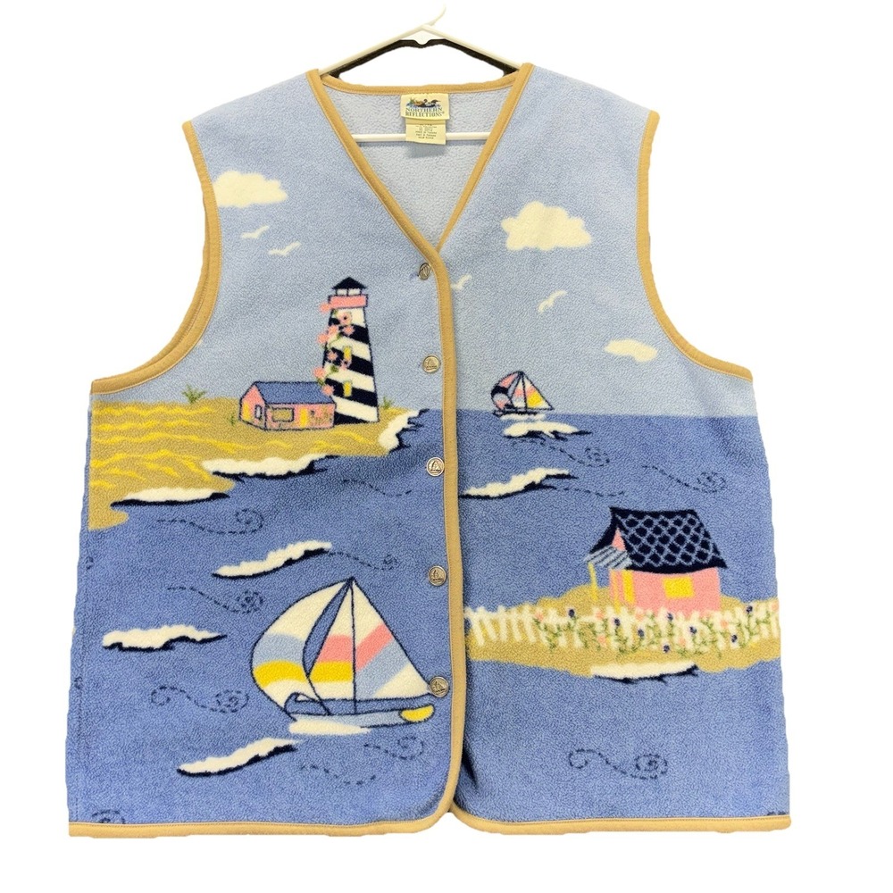 VTG Northern Reflections Fleece Vest Womens XL Lighthouse Sailboat Nautical